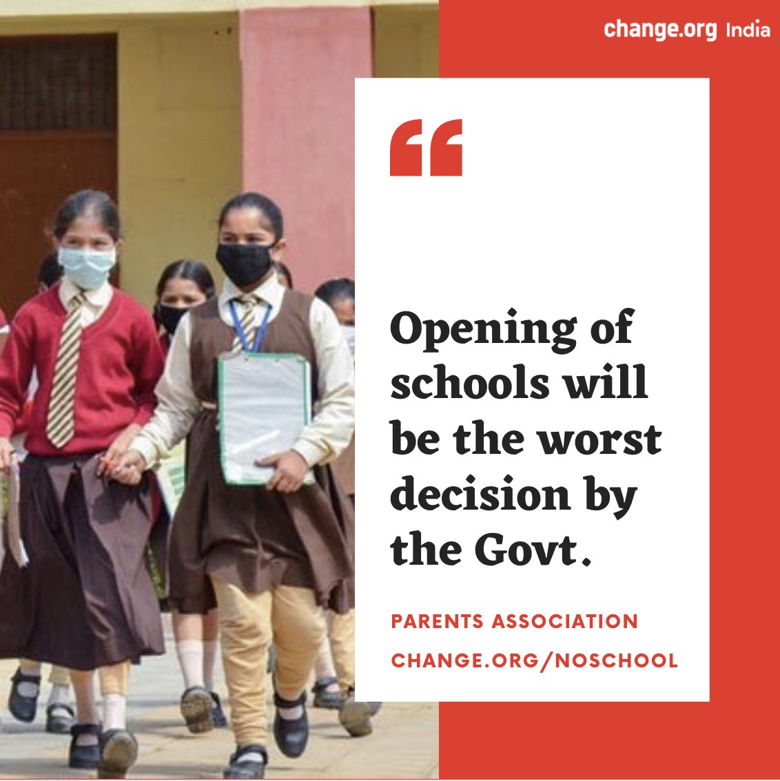 ChangeOrg_India's tweet photo. 'No schools until zero #Covid19 cases or until vaccines are out': @noschools2020 

https://t.co/8onv6nf7tf https://t.co/tT1vgPchDL