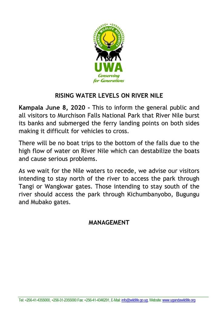 LdnUganda's tweet photo. As you plan to travel to Murchison Falls National Park, please be mindful of rising water levels on River Nile says Uganda Wildlife Authority. 
See our advisory
#staysafe @VisitUganda @TourismBoardUg https://t.co/Irn5kTLr9F