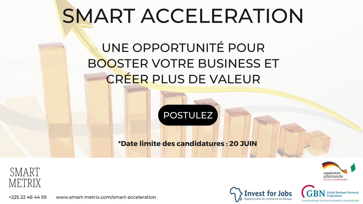 SMART_METRIX_'s tweet photo. #SmartAcceleration propose des outils aux #entrepreneurs pour mieux comprendre, mesurer, et surtout exprimer leur potentiel et développer leur #business.
Cliquez ici pour déposer votre candidature https://t.co/O7UXs0cR7m
#GIZ #SIJOBS #GBN #Civ225 #BusinessCoaching https://t.co/5StneBoVSe