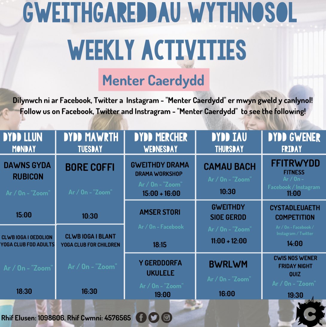 • WYTHNOS 11 // WEEK 11 •

Dyma ein amserlen Ar-Lein yr wythnos hon! Cofiwch ddilyn ni ar Facebook, Twitter, Instagram er mwyn cymryd rhan! 🤩

This is our Online Timetable for this week. Remember to follow us on facebook, Instagram and Twitter to take part! 🤩