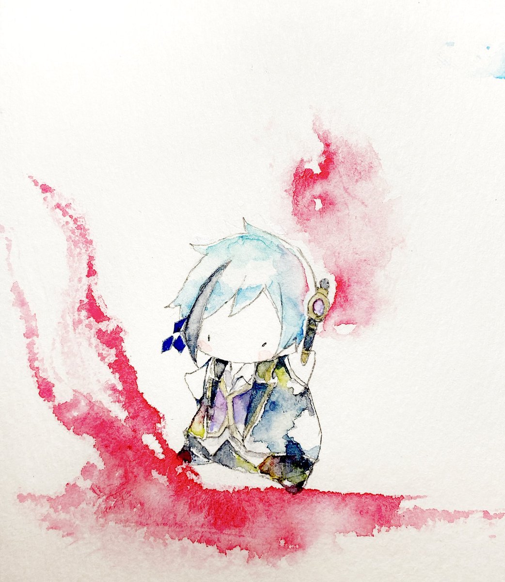 1boy solo chibi blue hair streaked hair male focus traditional media  illustration images