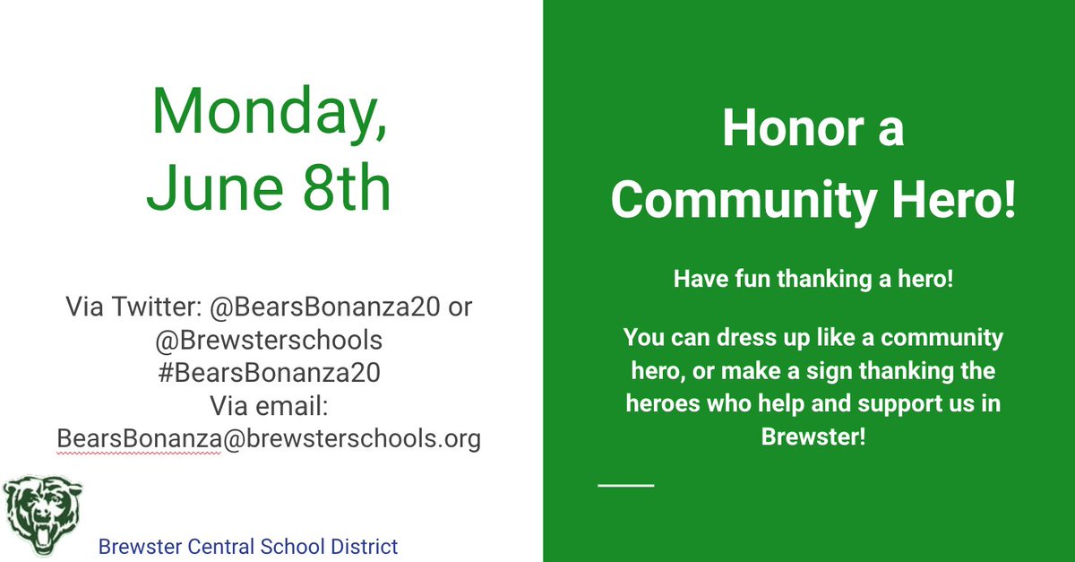 We kick-off Spirit Week with Honor a Community Hero Day!  bit.ly/3eZsBAr <a href="/brewsterschools/">Brewster Central School District</a> <a href="/bcsdinnovates/">BCSDInnovates</a> @BCSD_Dir_PPS <a href="/BCSD_Athletics/">Brewster Athletics</a> <a href="/BCSD_BHSPrin/">BCSD_BHS_Principal</a> <a href="/WMSJohn_Clark/">John Clark</a> <a href="/MrsAndriello/">BCSD AssistSupCIA</a> @BCSD_Principal @BrewsterSup <a href="/BCSD_Asst_Supt/">Michelle Gosh, Ed.D.</a>