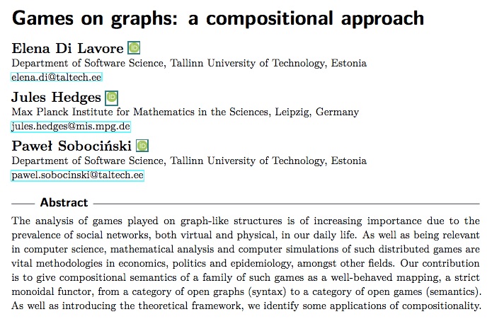 New preprint time! Games on graphs: A compositional approach, with Elena Di Lavore and <a href="/PawSob/">Pawel Sobocinski</a> 

The punchline: "Open games on open graphs" are strong monoidal functors from the category of open graphs ("syntax") to the category of open games ("semantics")
arxiv.org/abs/2006.03493