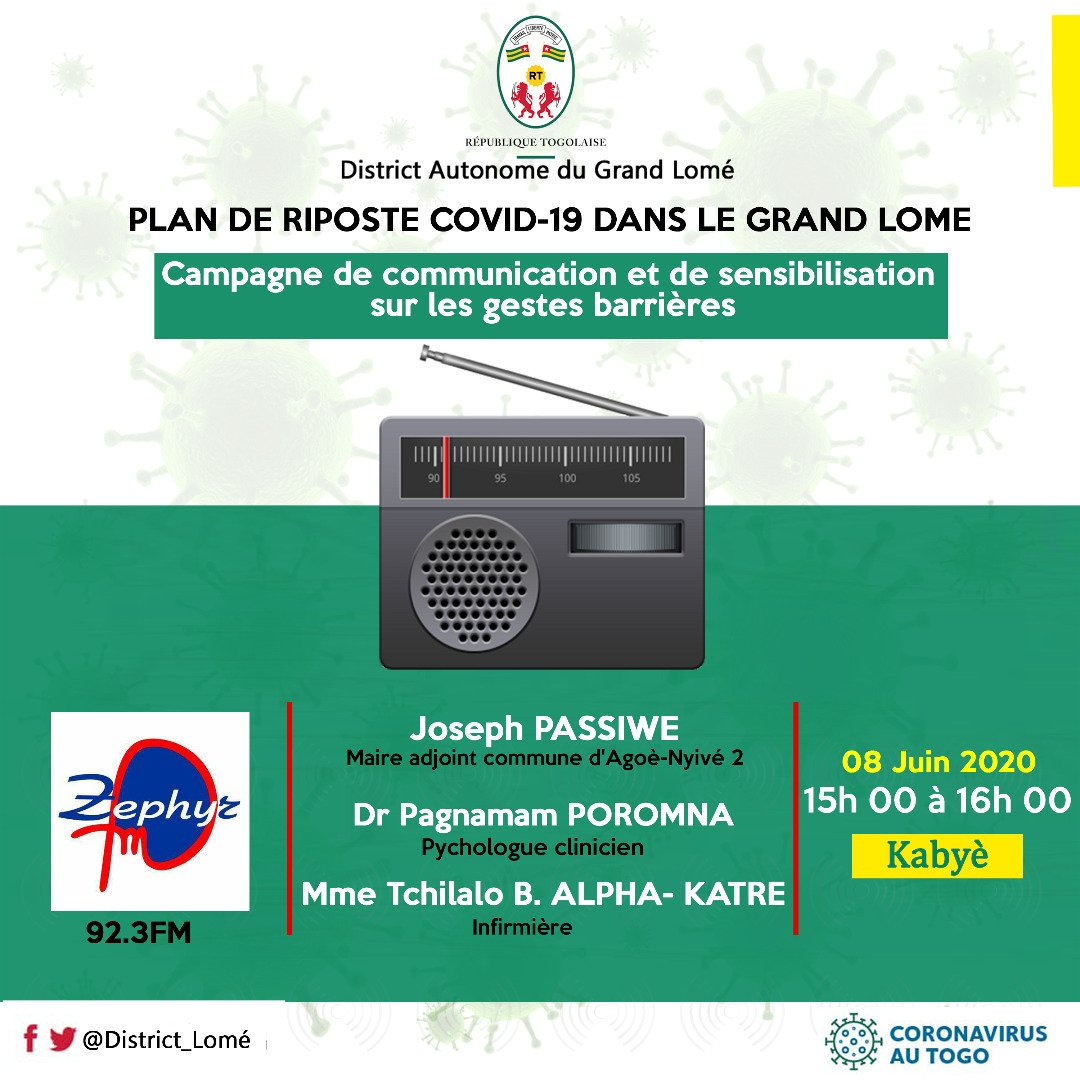 DAGL_TG's tweet photo. Ecoutez cet après-midi à 16 h 00 sur Radio Zephyr (92.3 Fm), M. Joseph Passiwè, Maire Adjoint Commune d’Agoè-Nyivé 2, Dr Pagnamam Poromna, Psychologue clinicien, et Mme Tchilalo B. Alpha-Katre, Infirmière.

Animateur : Aristide KBS https://t.co/rFziCnGtb0