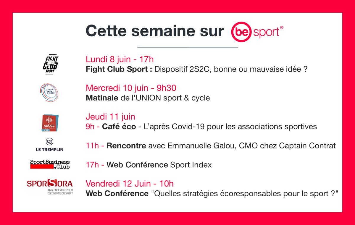 BeSport's tweet photo. Quelle semaine incroyable sur #BeSport, en attendant avec impatience la reprises des championnats, 6 tables rondes exclusives : #FightClubSport, @UNIONs_c @ad_occ @LeTremplin_ @BrunoFraioliSBC @Sporsora . Venez nombreux sur https://t.co/efiCJPhz9I @Sports_gouv @FranceOlympique https://t.co/zz9vhG6YKa