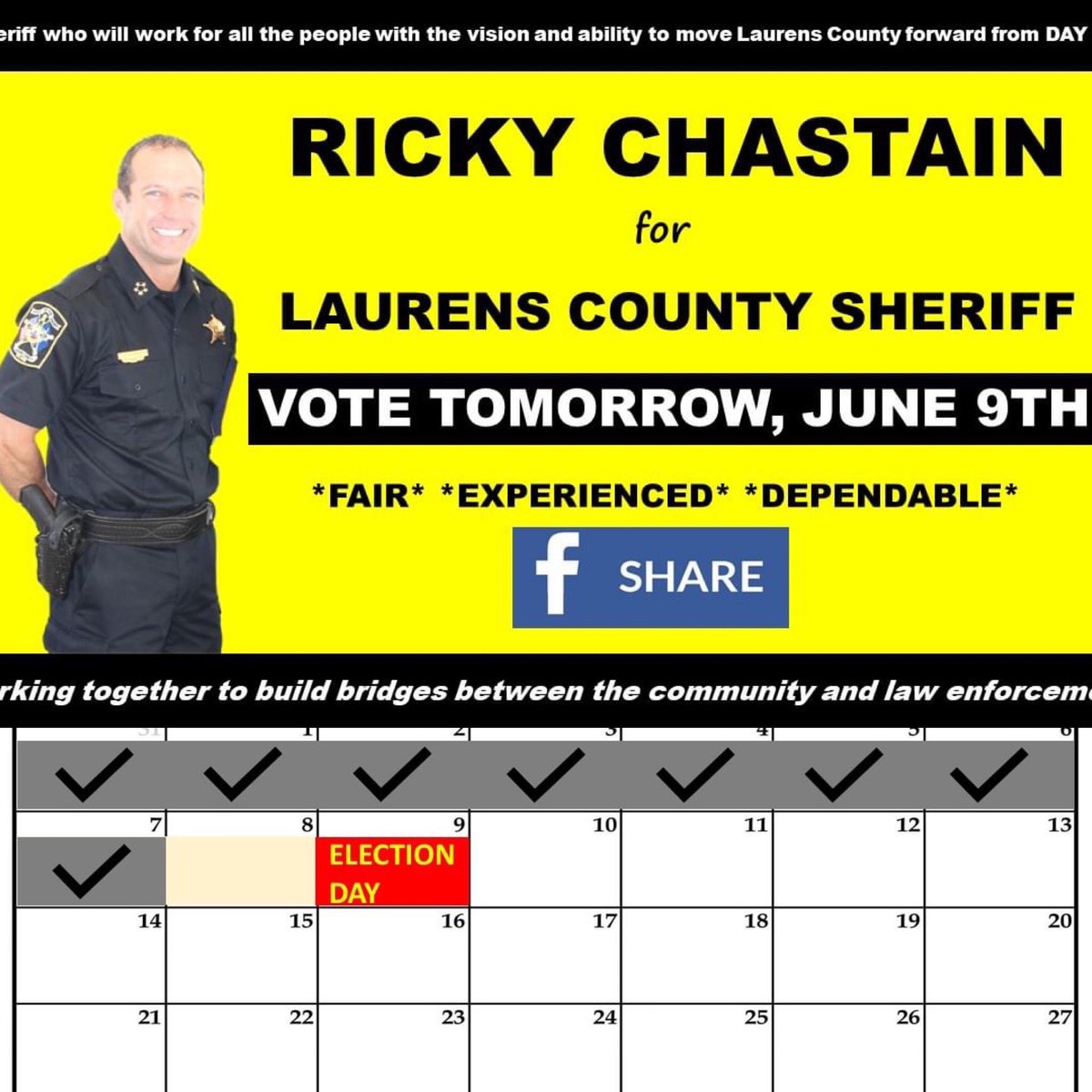 RickyWChastain's tweet photo. TOMORROW IS THE DAY!!!!  I'm asking for your vote to become your next Laurens County Sheriff tomorrow.  I would also like to ask one more favor: Please text, call, FB message, and tell every one you know to go vote tomorrow for Ricky Chastain for sheriff on the Republican ballot. https://t.co/ClfCbTFmAI