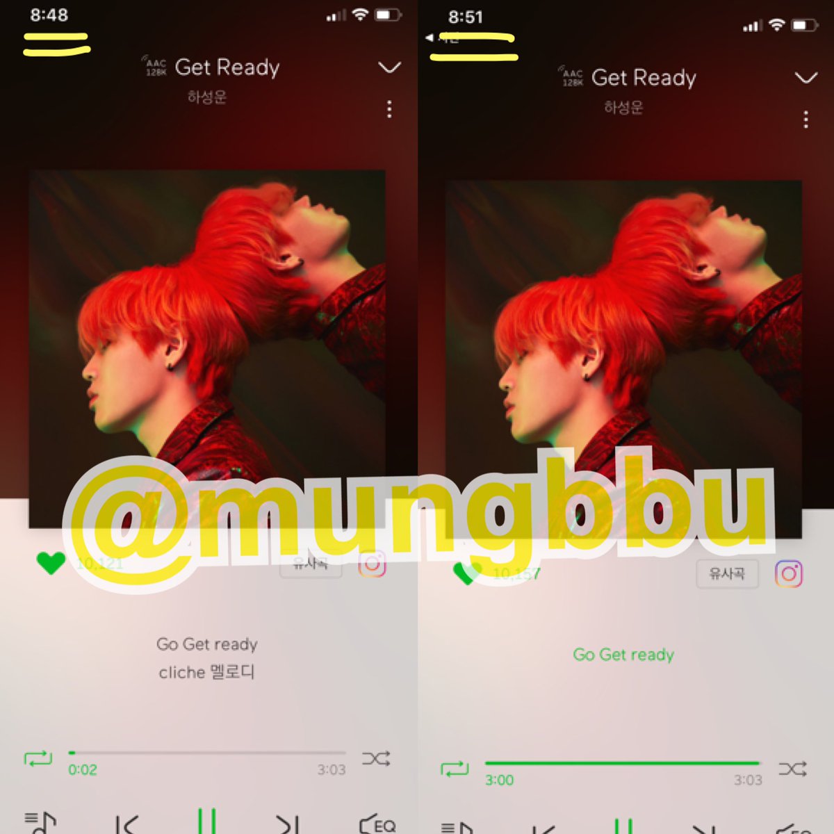 컴백 기념 스트리밍 이벤트💞 
하성운-Get Ready 를 처음부터 끝까지 들으시고 앞,뒤 캡처후 현재시간이 보이게 트위터 계정을 사진에 기재해서 답글로 달아주세요 (세 번째 사진 예시) 한 분에게 솜아가들에게 여름에 입히면 좋은 김찌니님 멜빵 두 벌을 드립니다 :)

#HASUNGWOON_GetReady