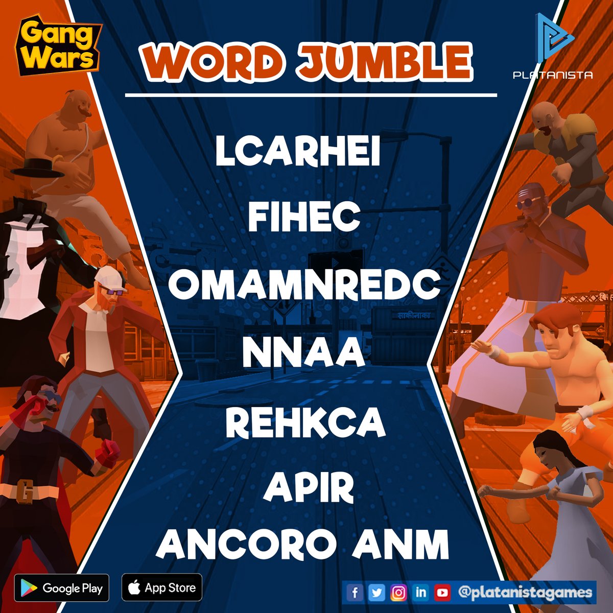 platanistagames's tweet photo. The jumbled names of seven characters from the upcoming game Gang Wars have been mentioned below.
Unscramble the names and comment the right ones in the section down below. 

#Gangwars #comingsoon #multiplayergame #playwithyourgang #newgamealert #in10medianetwork #platanistagames https://t.co/1ciYkjeoUO