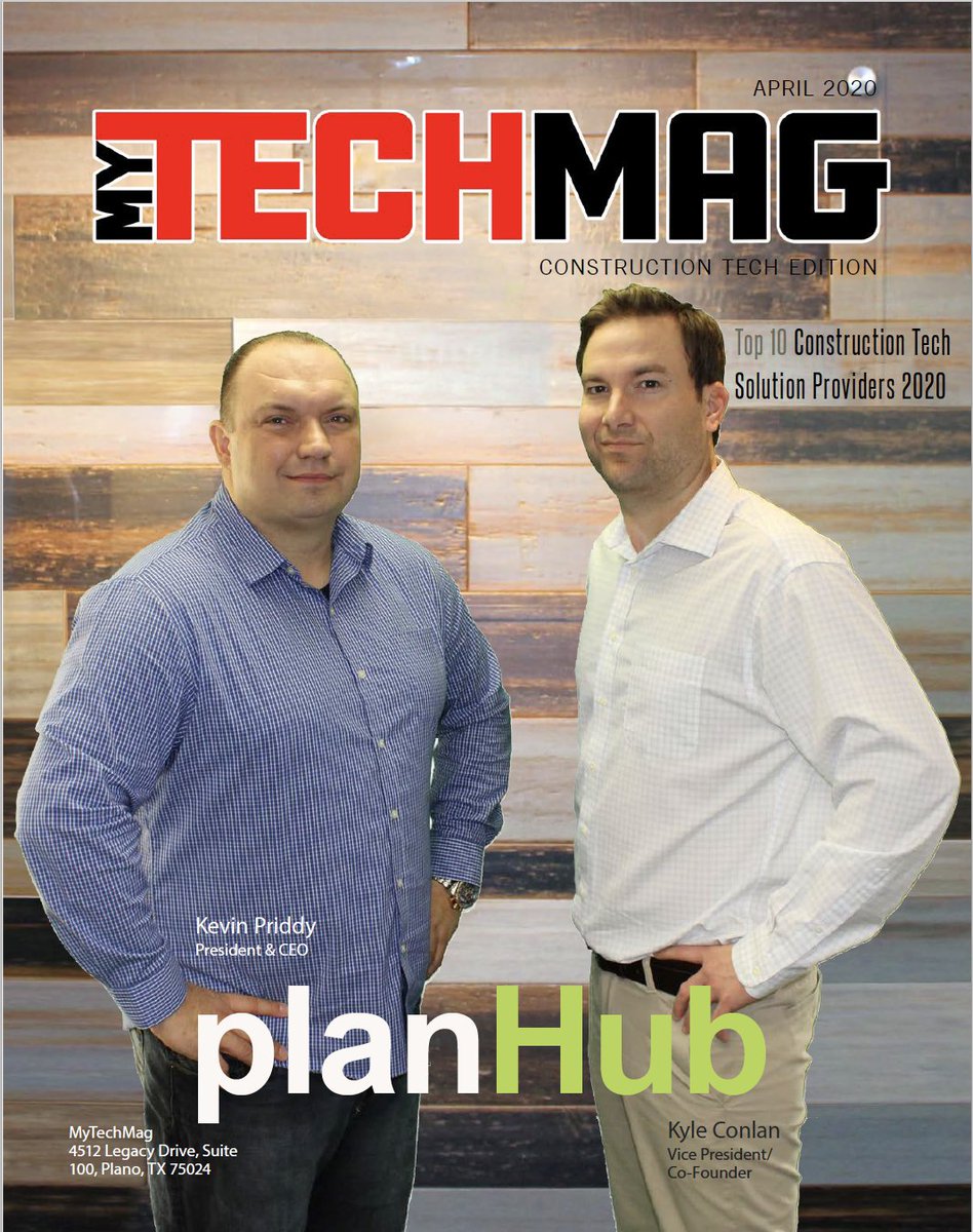 planhub's tweet image. Congratulations to #PlanHub founders, Kevin Priddy and Kyle Conlan, on their second magazine cover feature story in #MyTechMag magazine. PlanHub is listed as a &quot;Top 10 Construction Tech Solution Provider 2020.&quot; View PlanHub&apos;s dedicated profile here:  bit.ly/2MFatj3