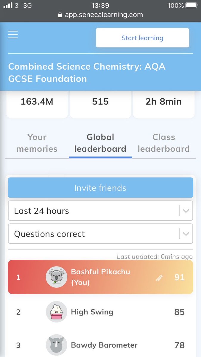 Some amazing  science Seneca super stars ⭐️ out there! One student has made it to the top of the global leaderboard for Chemistry!!! Amazing! #wearebbs #seneca