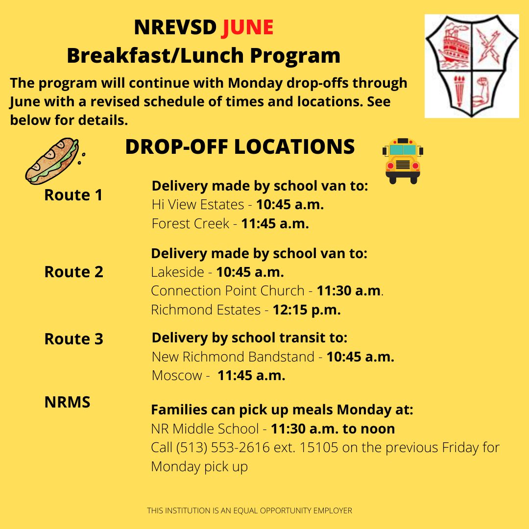 REMINDER: The schedule for the June Breakfast/Lunch program.