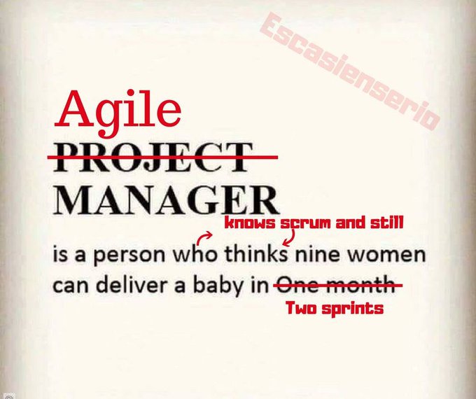 virginiog's tweet photo. Agile manager: es una persona que conoce scrum y todavía piensa que nueve mujeres pueden parir un hijo en dos sprints. #agile #Humor @MauroStrione https://t.co/4aAljWPxqw