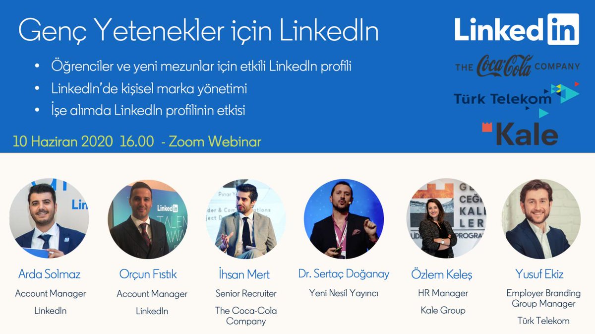 Bu Çarşamba LinkedIn ekibiyle; genç yetenekler, yeni mezunlar ve üniversite öğrencilerine yönelik bu sohbetimizde çok heyecanlı konulara değineceğiz. 
🔥 Öğrenciler ve gençler için etkili LinkedIn profili 
🔥 LinkedIn'de kişisel marka yönetimi
Kayıt:
linkedin.zoom.us/webinar/regist…