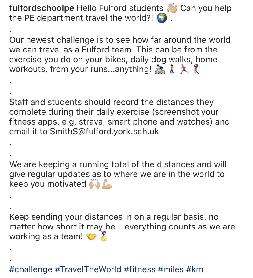 Good afternoon! Can you help the Fulford PE department travel the world?! 🌍🌍🌍 Send your distances to SmithS@fulford.york.sch.uk and we will keep you updated on our travels 🚴🏼‍♂️🚶🏻‍♀️🏌🏿‍♀️🏃🏽‍♂️🏅 @fulfordschool