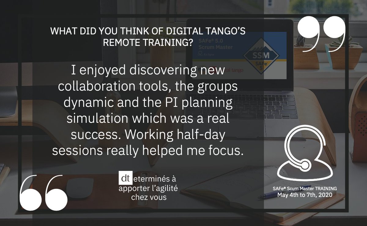 digital_tango's tweet photo. Digital Tango is still training remotely new agilists. Those who tried it loved it!  Join them and register for one of our next remote trainings. Follow us or visit our website to be informed of the next #remote #training session! #agile #safe https://t.co/7AhlDHdynN