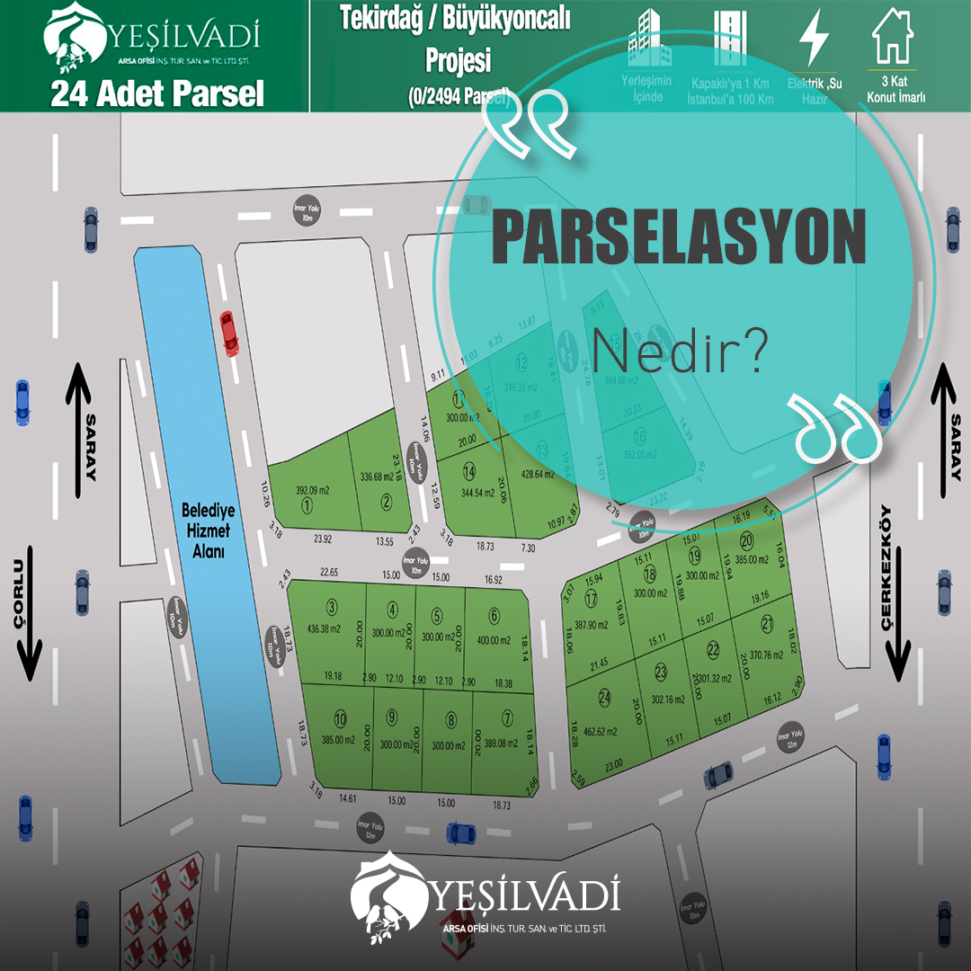 #parselasyon İmar yasasına uygun biçimde yol, meydan, yeşil alan vb. kamu hizmetleri ile yerleşim alanları için bir arazinin parçalara ayrılması işidir.
Alacağınız arsanın yapılaşmaya uygun olduğunu öğrenmek için parselasyonunun yapılıp yapılmadığını teyit etmeniz gerekmektedir.