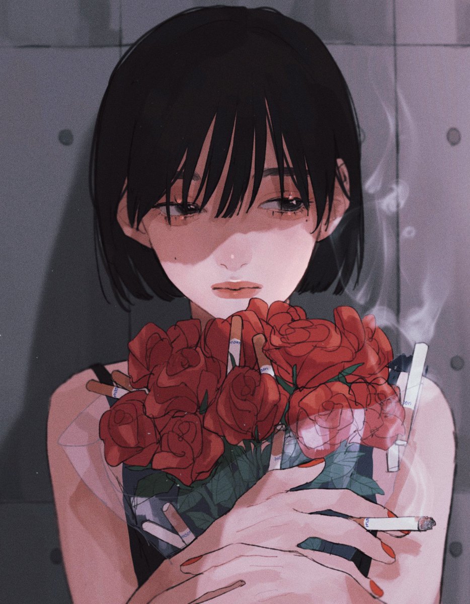 1girl flower solo red flower cigarette smoke holding  illustration images