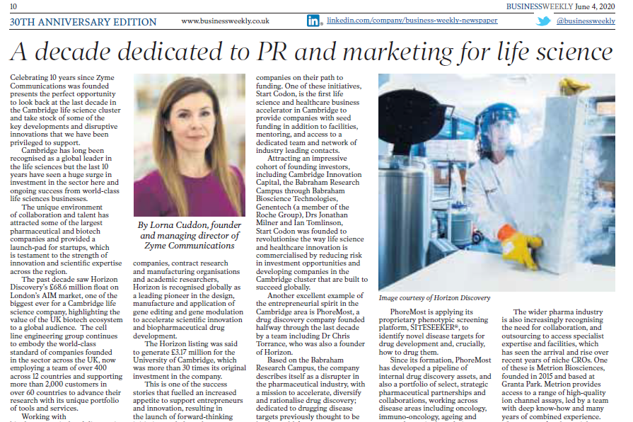 Zyme Communications (@zymecomms) on Twitter photo Thank you <a href="/businessweekly/">Business Weekly</a> for inviting Zyme to look back at the last decade in the #Cambridge life science cluster and contribute to the 30th anniversary edition. Read our article on “a decade dedicated to PR and #marketing for #lifescience” on pg.10-12: epaper.businessweekly.co.uk/html5/reader/p… Thank you <a href="/businessweekly/">Business Weekly</a> for inviting Zyme to look back at the last decade in the #Cambridge life science cluster and contribute to the 30th anniversary edition. Read our article on “a decade dedicated to PR and #marketing for #lifescience” on pg.10-12: epaper.businessweekly.co.uk/html5/reader/p…