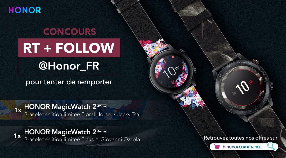 Honor_FR's tweet image. Pour fêter la sortie de nos bracelets en édition limitée voici un concours 💥

Tentez de remporter une Magicwatch 2 en version 42 ou 46mm avec un bracelet ⌚

Pour participer : 
🔄 RT ce tweet
➡ Follow @Honor_FR

2 gagnants seront tirés au sort le 10 juin !