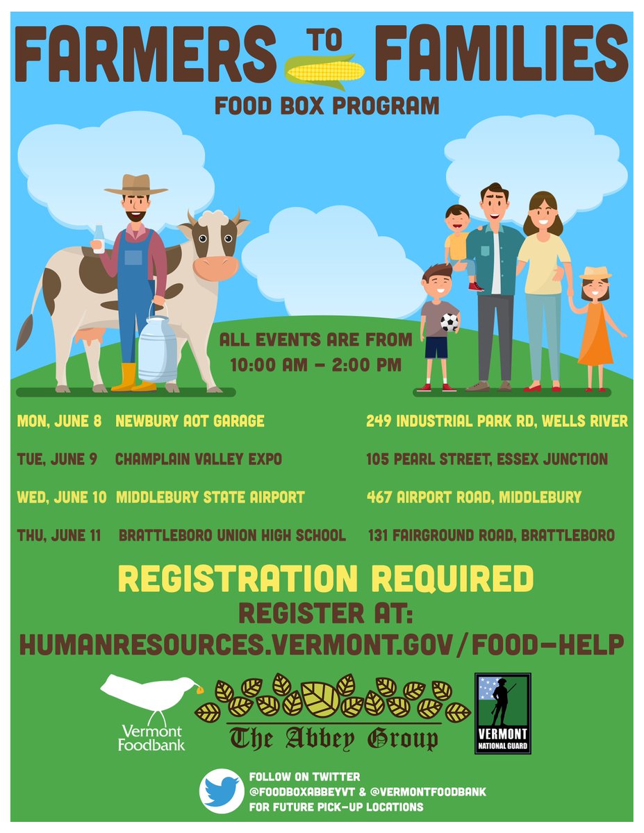 UPDATE! #Vermont #FarmerstoFamilies food distribution is will be by registration starting this week. Register @ humanresources.vermont.gov/food-help.
Upcoming dates &amp; locations below! 👇