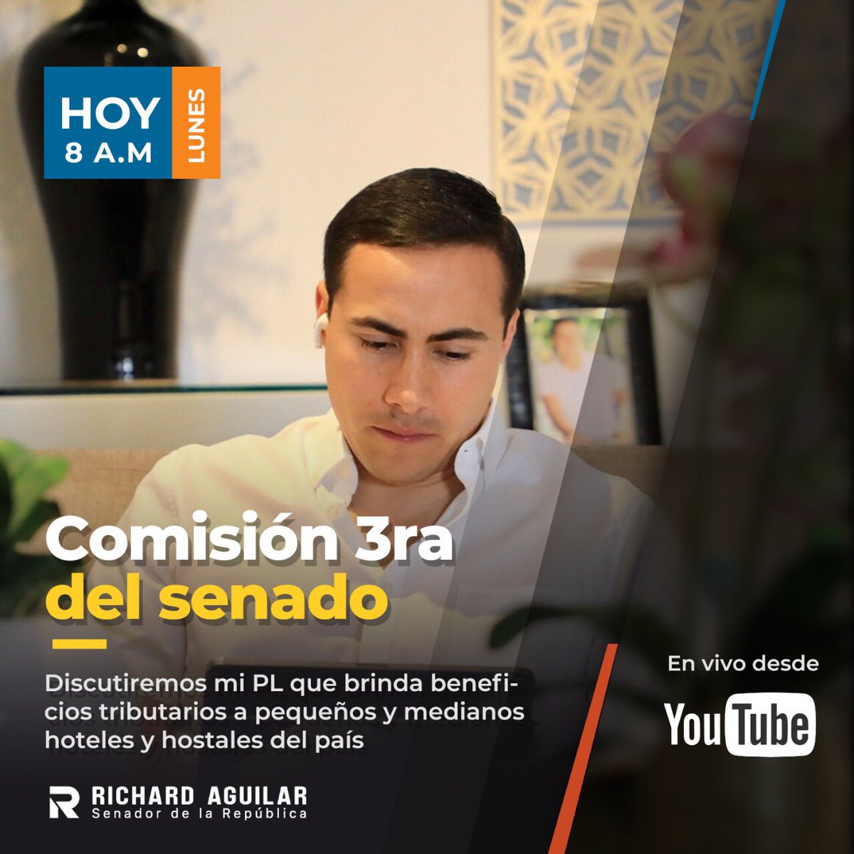 RICHARDAGUILARV's tweet photo. #FelizLunes 
Pendientes - Desde ⏰8am 
#ComisionIII_Virtual discutiremos el PL de mi autoría “Incentivos tributarios”

Este proyecto otorgaría 30% de dcto. en impuesto de renta a pequeños/medianos hoteles/hostales q se certifiquen en calidad turística. 

#SíTrabajaPorElTurismo https://t.co/ofydwy2GE3