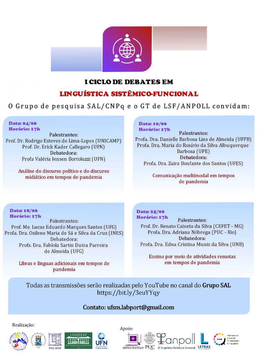 rll307's tweet image. The Brazilian Systemic Ambiences and Languages research  group (SAL) would like to invite all SFL researchers for a series of debates on Brazilian SLF ongoing research. (Schedule bellow). #sysfunc @InterestSfl