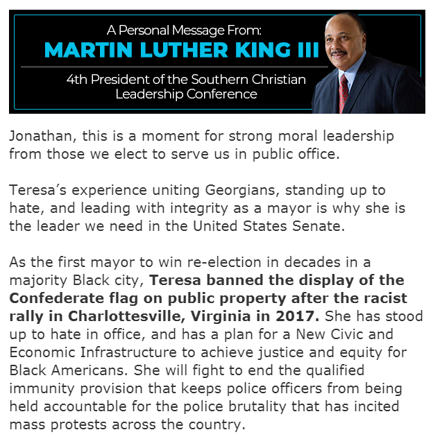 A message from MLK III urging support for @teresatomlinson in tomorrow's Georgia Democratic Senate Primary. #gapol