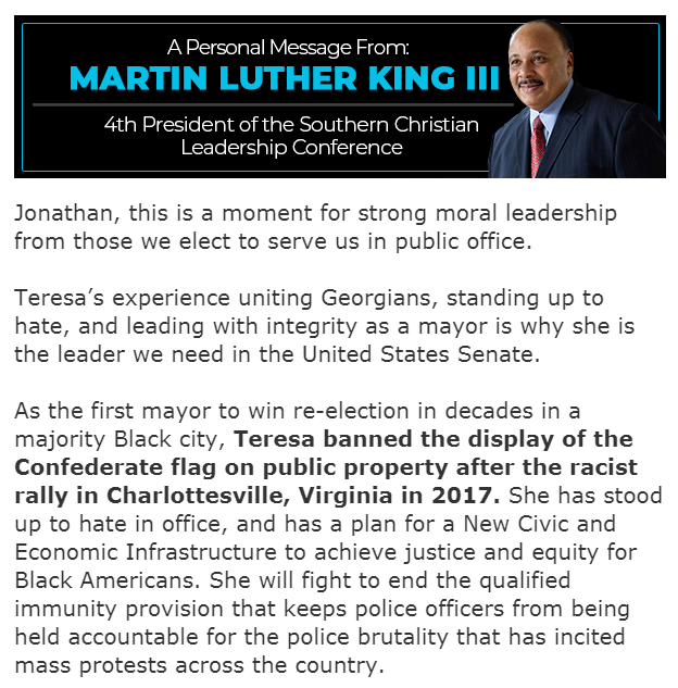 Brambleman's tweet image. A message from MLK III urging support for @teresatomlinson in tomorrow's Georgia Democratic Senate Primary. #gapol