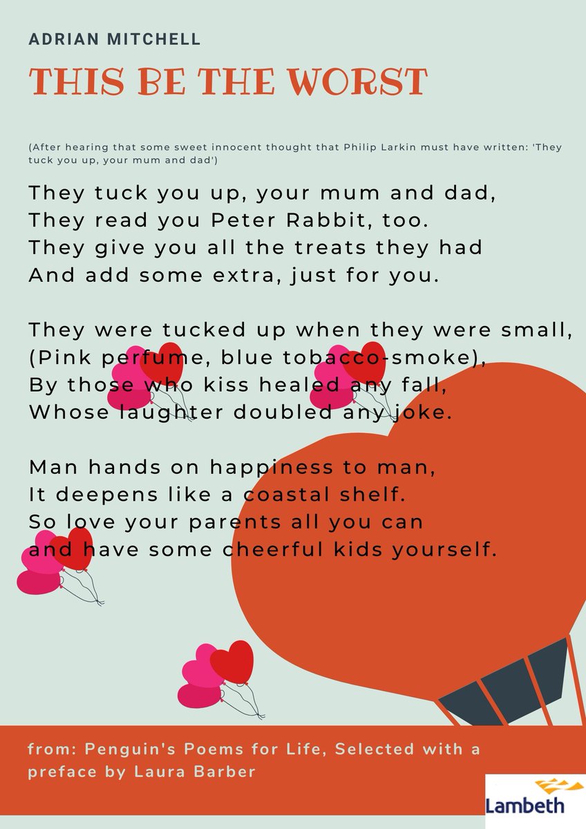 wnorwoodlibrary's tweet photo. I love this. You may be familiar with Philip Larkin's poem the title of which I'm not going to give here, but this is a sanitised version by Adrian Mitchell @lamlibs #FoWNL @WN_FEAST @SE27Parents @_LambethLife #LibrariesFromHome @westnorwoodnews https://t.co/98x36JIJYo