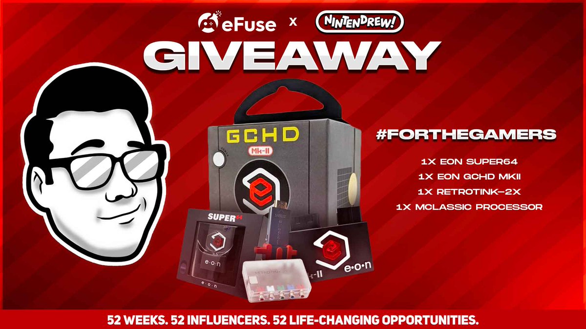 🕹Ultimate Retro Setup #Giveaway!

Teaming up with Nintendrew to give away a full set of retro goodies from <a href="/EON_gamingHD/">EON Gaming</a>, <a href="/MarseilleInc/">Marseille Inc.</a>, and <a href="/retrotink2/">Mike Chi</a>!

🤳Like &amp; RT
💬Reply with #ForTheGamers
 🥰Follow <a href="/eFuseOfficial/">NOW @eFuse</a> &amp; <a href="/Nintendrew_/">Nintendrew! 🕹️✨🎮</a> 

⬇ Enter Here ⬇ 
efuse.link/Nintendrew