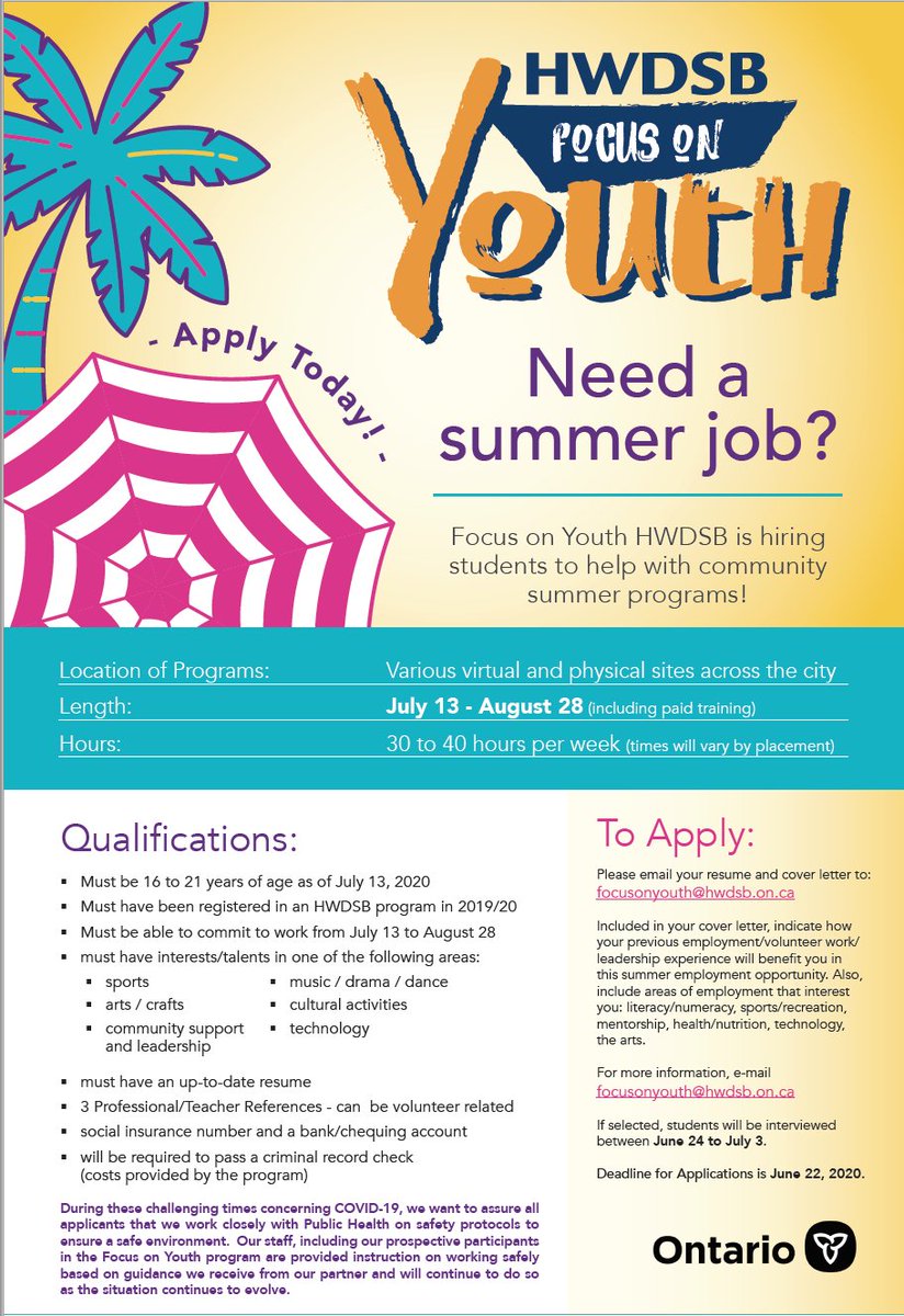 #FocusonYouth is back for 2020! If you want to work with HWDSB and community partners to support the delivery of summer programs, apply today to the Focus on Youth Program! Student applications are open until June 22. Learn more at hwdsb.on.ca/community/part… #FOY2020