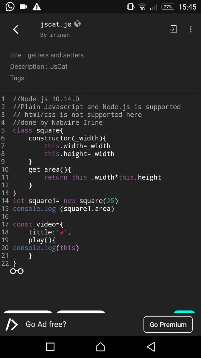 Irine_nabwireh's tweet image. Day 22 of #100DaysOfCode
Wow got to discover a special kind of method in objects called 'getters and setters'. Getters is used to access a property while setters to change or mutate the property
#codingiseasy
#sololearn
#girlswhocode
#codeHive2020
@akirachix
#codeNewbie