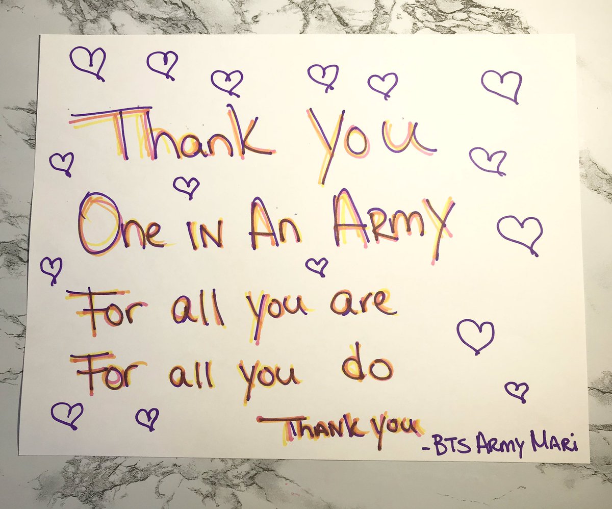 Mari_Belle021's tweet photo. I know my reach here isn’t a big one but I thought maybe we can share a handwritten TY note in your language to OIAA to show our appreciation for their amazing continued efforts.
*Keep chain going below*
To @OneInAnARMY you made a difference in my life! Thank you 💜
@BTS_twt https://t.co/zeKEC2hyyb