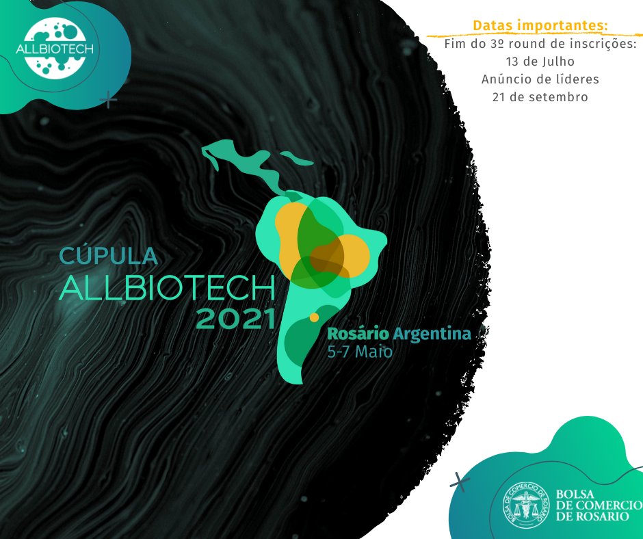 Perdeu o anúncio no sábado? Não te preocupes! Aqui temos um resumo:

ATUALIZAÇÃO DE #INFORMAÇÃO

🔹A Cúpula #Allbiotech foi adiada de 5 a 7 de maio de 2021
🔹Abertura do NOVO round de inscrições 👉Você tem até 13 de julho!
🔹Anúncio de #Líderes 👉 21 de setembro