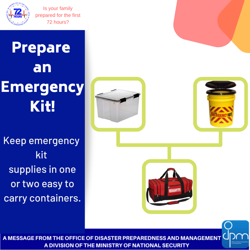 ODPM_TT's tweet photo. #Emergencykitchallenge Wk1: Storing Emergency Supplies, Food &amp; Water.  Keep emergency supplies in a plastic container or grab &amp; go bag. A grab &amp; go bag has supplies for 1, is portable &amp; great for the office or car. Emergency kits has supplies for the entire family. #Beready https://t.co/sIOEvYYuyg