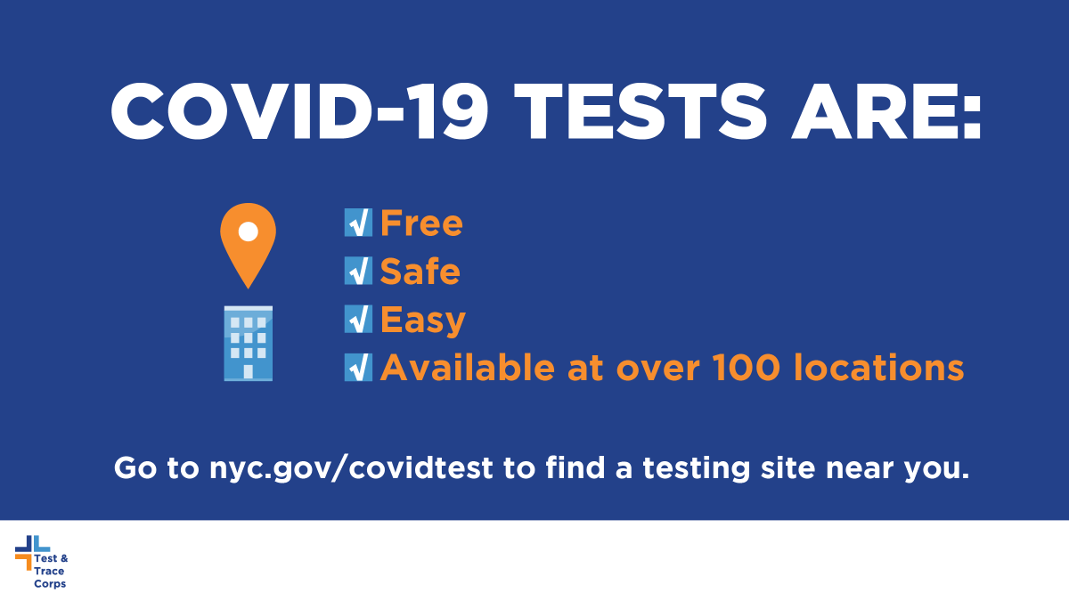Get tested for #COVID19 at one of the 180 sites around the city! They’re free, quick and easy. If you test positive, the Test and Trace Corps will make sure you have everything you need to recover safely. Get a test: on.nyc.gov/3bvriaq
