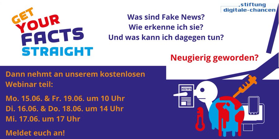 DigiWomenDE's tweet photo. Wie lassen sich #FakeNews im Netz erkennen? @digitalechancen bietet dazu ein kostenloses, einstündiges Webinar an. Es und richtet sich an alle, die Falschmeldungen den Kampf ansagen wollen. Anmeldung für einen der verschiedenen Termine bis zum 10.6: https://t.co/svlsr4h5U6 ^js https://t.co/RTIbCBSMnf