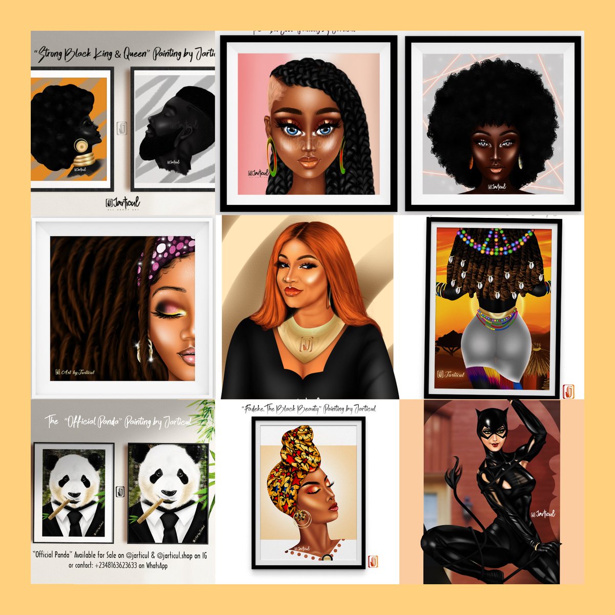 Sales Time!😍🎨🖼️🖌️
Pick your favorite and place your order! 
Swipe to see The Official Panda Painting, Shekere Princess Painting, Ejiro Painting,etc
We can deliver frames or prints to you
#artistsoninstagram #artcollector #ukartist #ukart #ukartists #ukartgallery #nigeriaartists