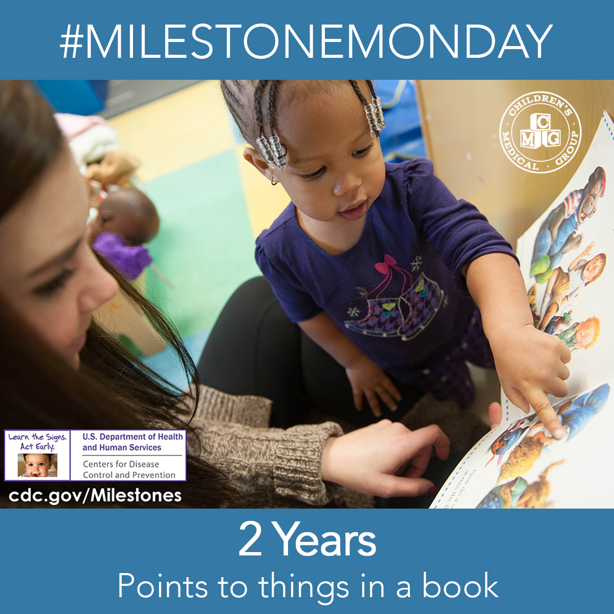 ChildrensMedGrp's tweet photo. #MilestoneMonday - At 2 years old, your child will be able to point to familiar things in books. 

#ChildrensMedicalGroup #CMG #CMGFamily #Pediatrics #MilestoneMonday #2Years https://t.co/U9PcQEtv1w
