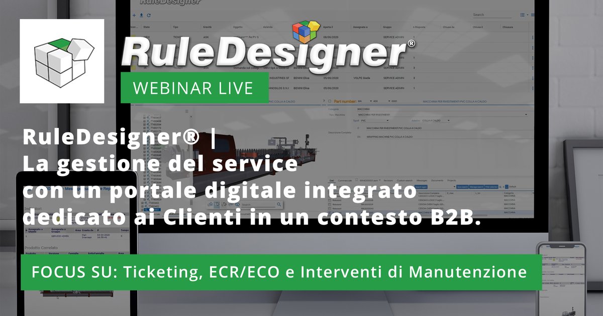 RuleDesigner's tweet image. ruledesigner.com/it/webinar-rul… WEBINAR | 12 Giugno 2020 | RuleDesigner: La gestione del service con un portale digitale integrato dedicato ai Clienti in un contesto B2B.
#ticketing, #ecr, #eco, #aftersales, #distributedworking