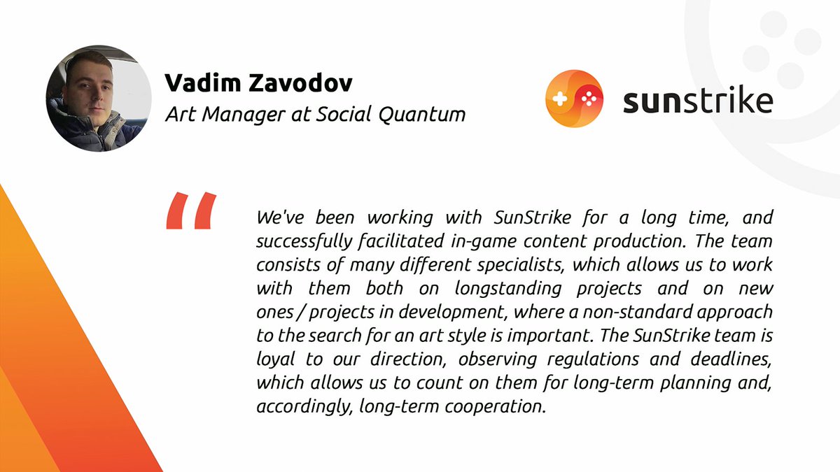 SunStrikeStudio's tweet photo. Social Quantum is one of the companies that we work with. Thanks to Vadim Zavodov for his nice comments about our work ☀️
#SunStrikeСlients #SunStrikeStudios #GameDev #SocialQuantum https://t.co/0nNNDROEgy
