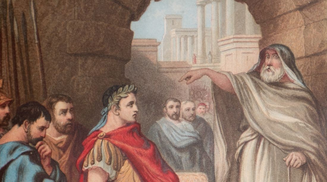 Dibujo del arúspice Espurina avisando a Julio César de que se guarde de los idus de marzo. Fuente: pinterest