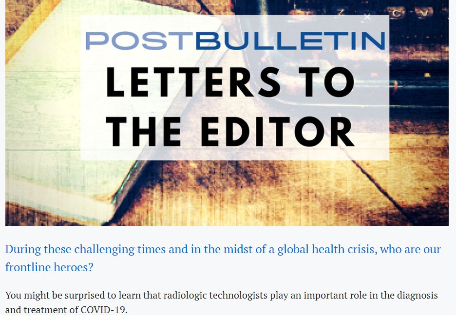 ASRT's tweet photo. A letter to the editor in the Rochester, Minnesota, Post Bulletin calls radiologic technologists “frontline heroes” in the continuing battle against COVID-19. ASRT is working with state affiliate societies to get this message in newspapers across America. https://t.co/zSh5xYbLrm https://t.co/tcjq8BeviS