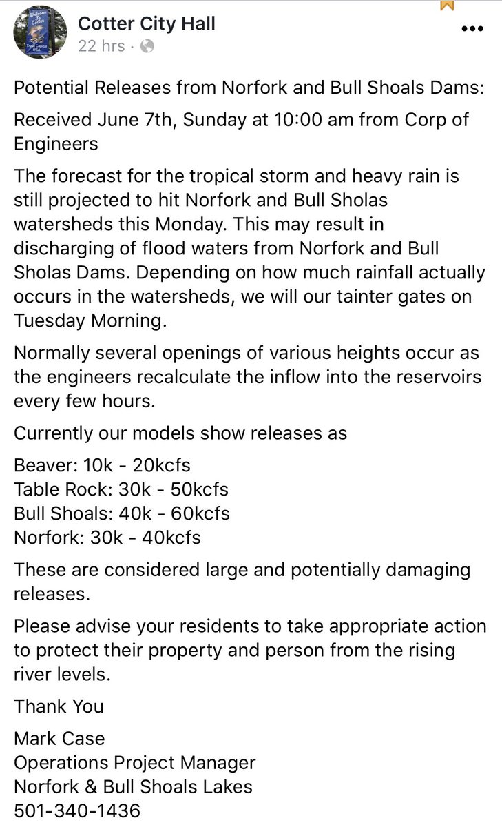 As TS Cristobal arrives in Arkansas, COE expected to release large flows, including possibly the largest from Bull Shoals since its construction. Farmers near White River can expect major impacts between their own rain and upstream water release. #ARcrops