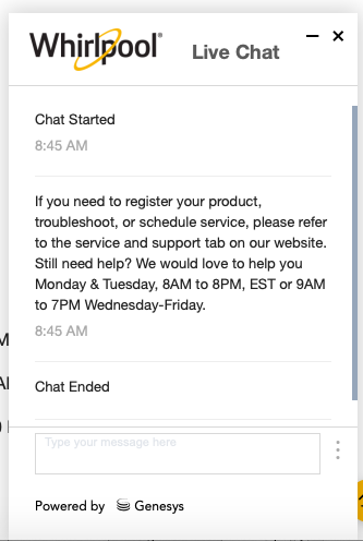 h00pak's tweet photo. @WhirlpoolCorp I think there is a problem with your chat. Immediately after I explained my issue, the chat ended itself. I only went to chat after I couldn't find any help in your app or on your website. https://t.co/RuAasTbckb