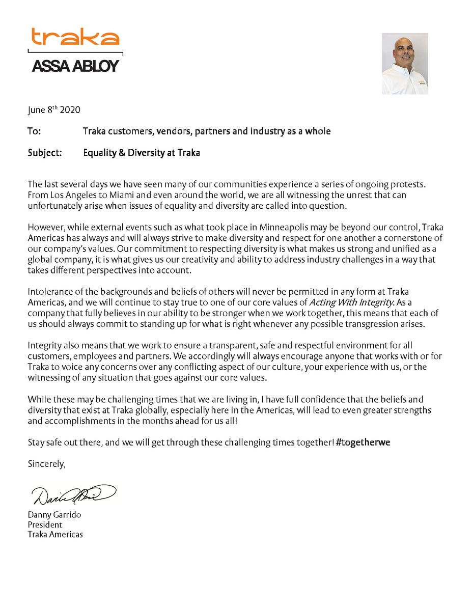 TrakaAmericas's tweet photo. A letter from our President, Danny Garrido, to our customers, vendors, partners and industry as a whole. #traka #assaabloy #togetherwe https://t.co/qJo5N002Qs