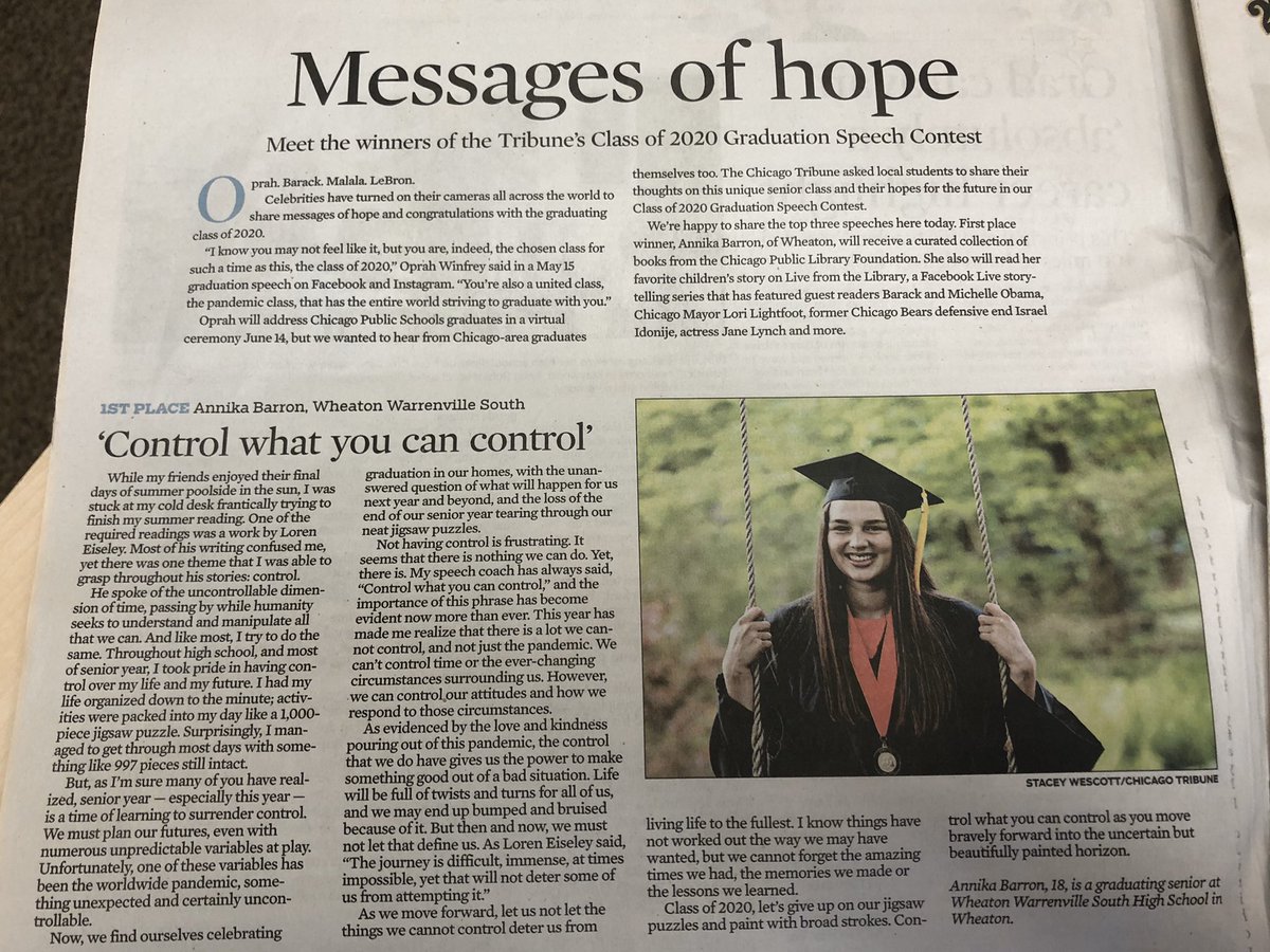 CUSD200's tweet photo. Did you see Sunday’s @chicagotribune? South grad Annika Barron placed 1st in the graduation speech contest and all our grads were listed in special ads we placed! #YourCommunitySchools #ClassOf2020 #ILSchoolsStepUp https://t.co/DbPGxWDcWN