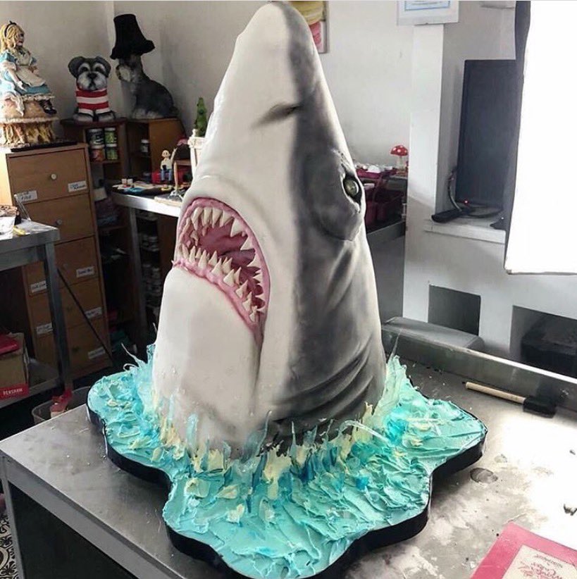 My niece Molly Robbins ( @MCreativeCakes ) made this amazing shark cake . About to deliver it to the client she said, 
‘We’re gonna need a bigger box ‘     😊#JawsQuotes