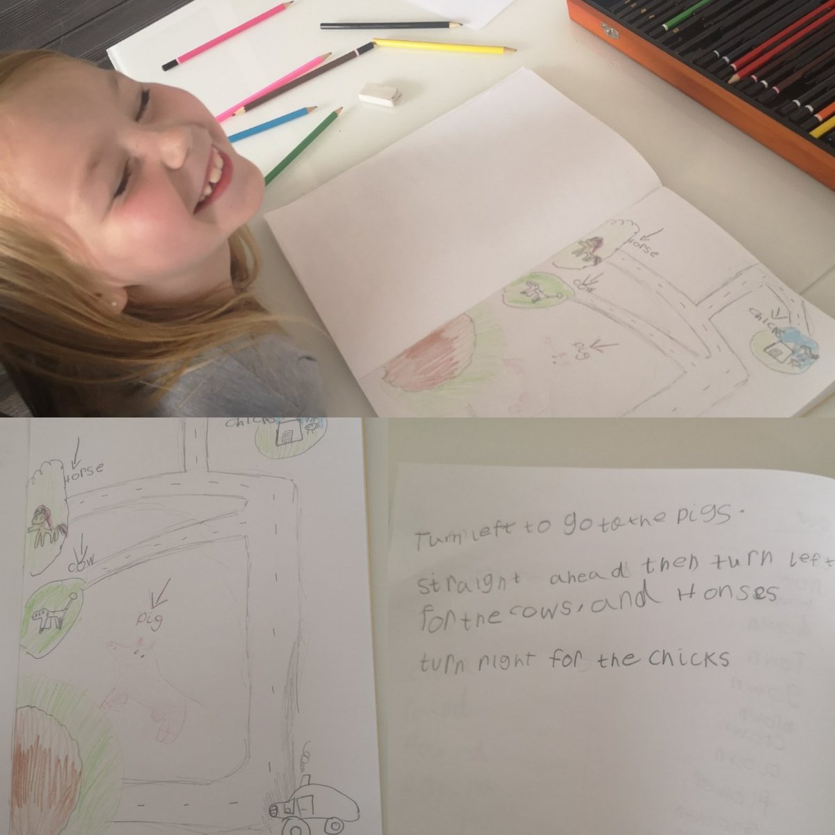 McallSteph's tweet photo. Practicing ou and ow words today and also done a map of the farm and gave directions to the different animals. 
#greenrigglearningathome @Mrs_J_Anthony16 https://t.co/A1baz8O5xt