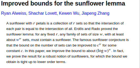 The proceedings for #STOC2020 are now online (dl.acm.org/doi/proceeding…)! With them come the best paper awards. 

The best paper is "Improved bounds for the sunflower lemma," by Ryan Alweiss, Shachar Lovett, Kewen Wu (<a href="/wu_kewen/">Kewen Wu</a>), and Jiapeng Zhang. (1/2) arxiv.org/abs/1908.08483